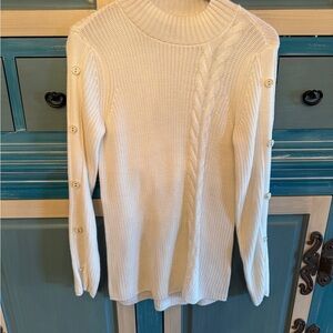 Women's Button-Sleeve Cable Knit Turtleneck Sweater - Cream